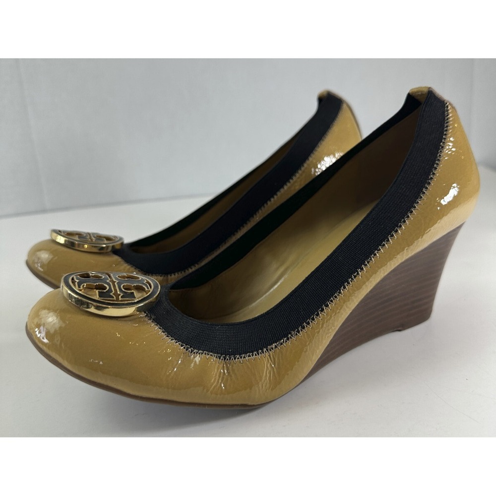 TORY BURCH Caroline Wedge Ice Coffee Black Leather Beige Women's Size 9 / 9M - Picture 16 of 16
